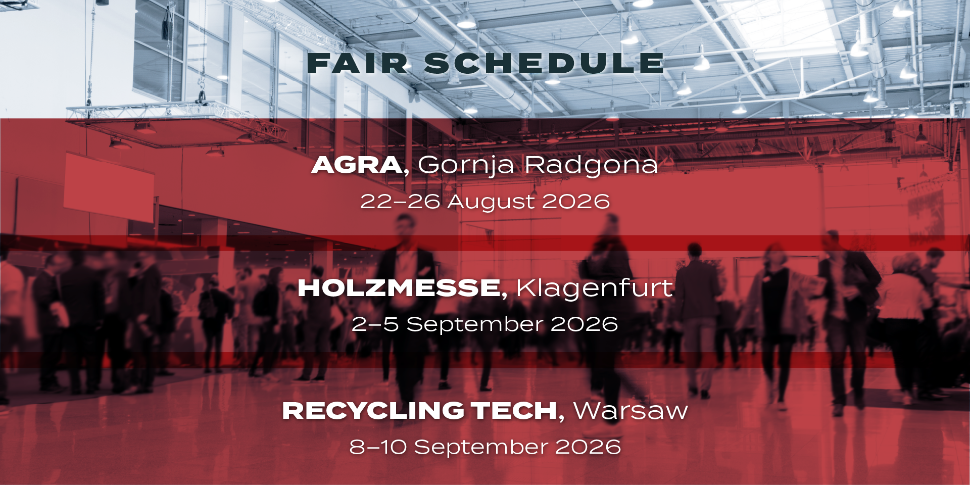 Robust Trade Fair Schedule 2026 showing dates and locations for AGRA, Holzmesse Klagenfurt, and Recycling Tech