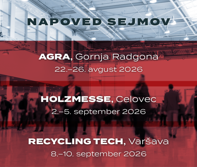 Napoved sejmov 2026 za podjetje Robust z datumi in lokacijami za sejme AGRA, Holzmesse Klagenfurt in Recycling Tech