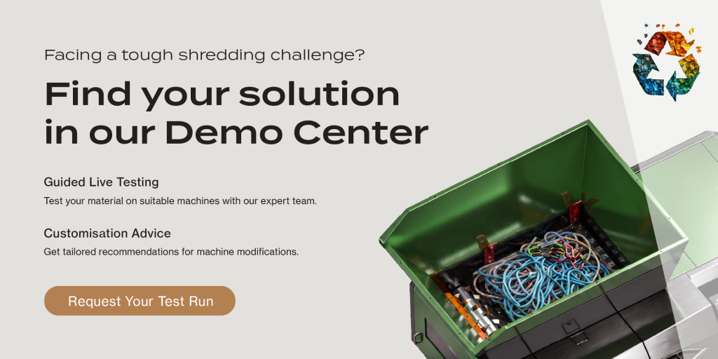 Robust Demo Center banner featuring the headline "Facing a tough shredding challenge?" with options for guided live testing, customization advice, and a CTA button "Request Your Test Run".
