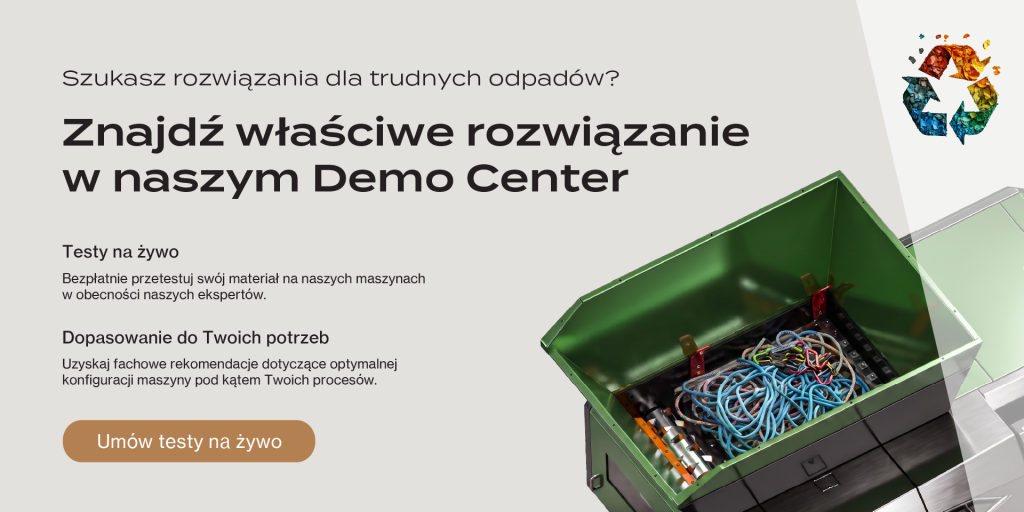 Baner Centrum Pokazowego Robust z pytaniem "Masz trudny materiał do rozdrobnienia?" oraz ofertą bezpłatnych testów na żywo i doradztwa technicznego z przyciskiem "Zgłoś się na testy".