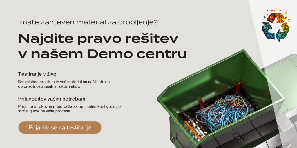 Banner za Testni center Robust z vprašanjem "Imate zahteven material za drobljenje?" ter ponudbo za brezplačno testiranje materiala na strojih in svetovanje po meri s tipko "Prijavite se na testiranje".